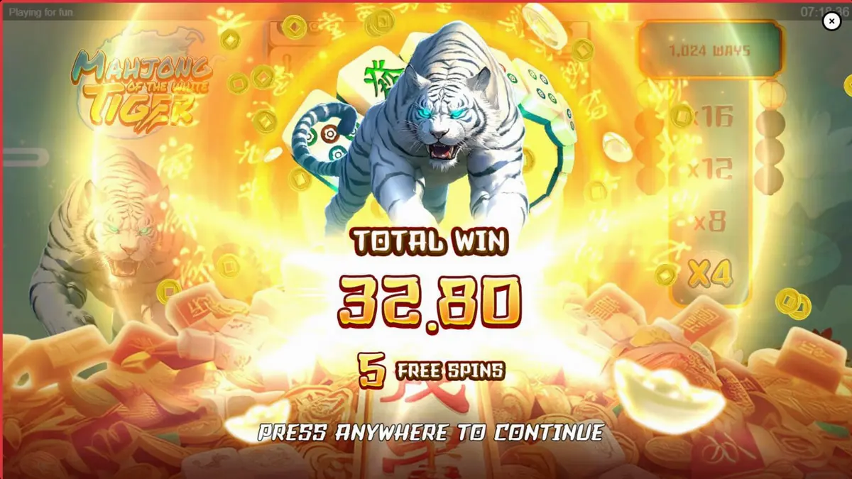 Tampilan visual slot Mahjong of the White Tiger dengan tema harimau putih dan simbol Mahjong